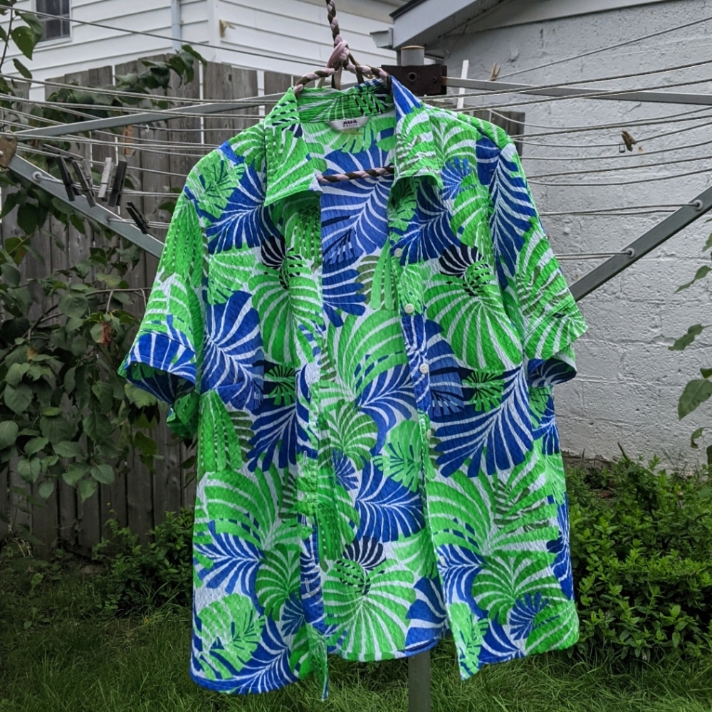 2tone Tropical Palm Button Up